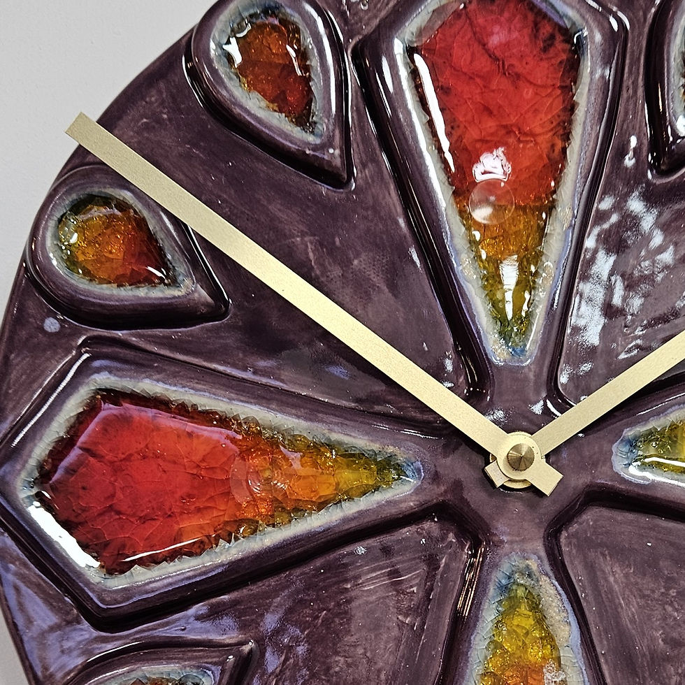 Thumbnail: Unusual Hand Made Circular Purple Glazed Stoneware Ceramic & Glass Wall Clock