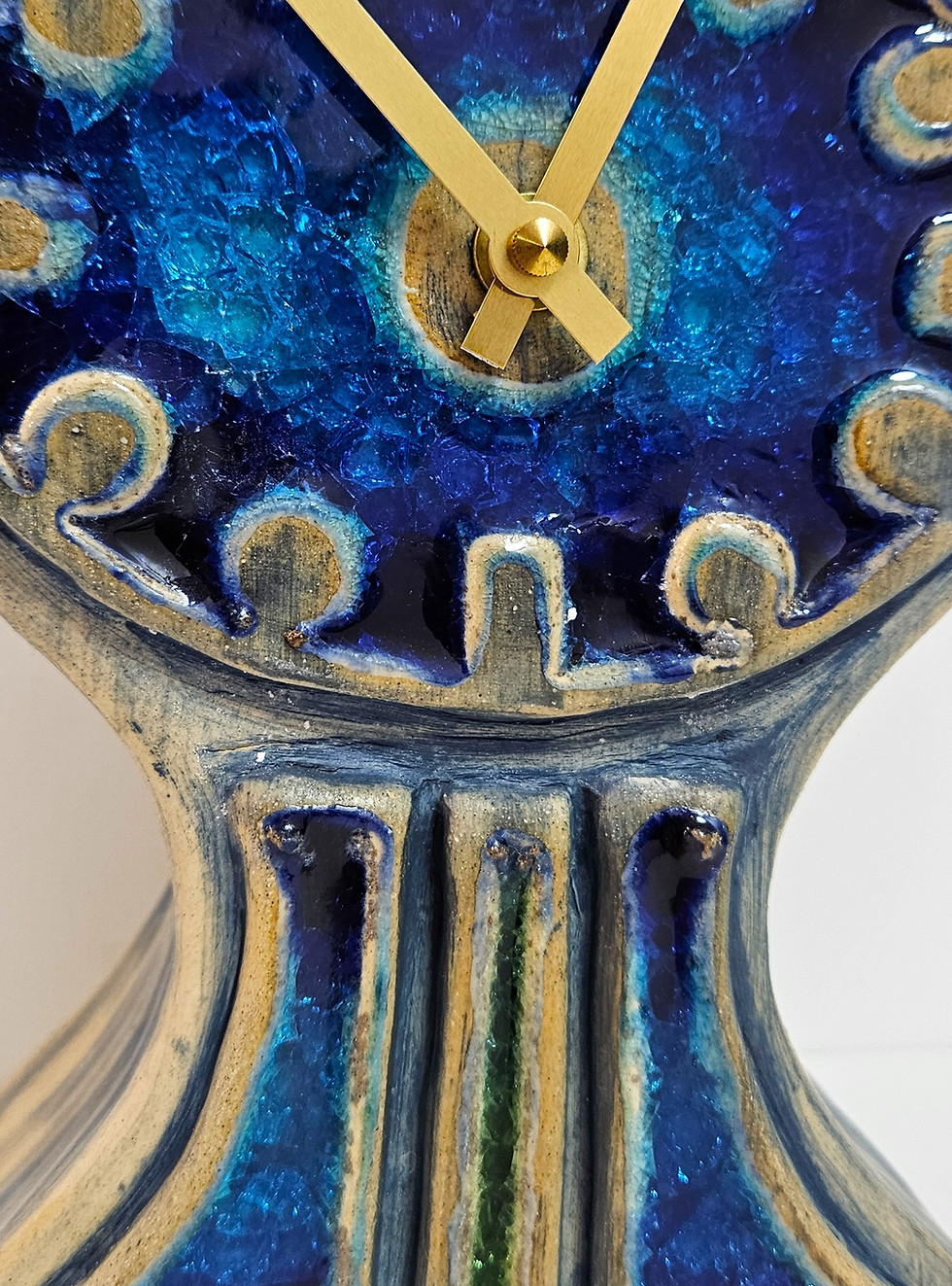 Thumbnail: Hand Made Free Standing Blue Ceramic Mantle Clock with Inlaid Blue and Green Gla
