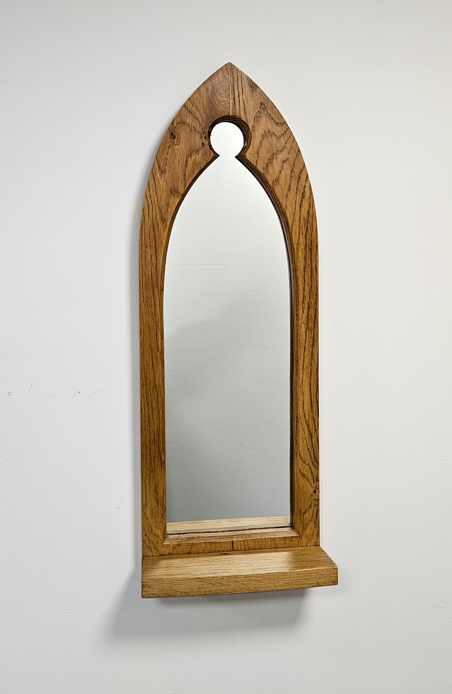 Oak trefoil Gothic arch mirror with shelf