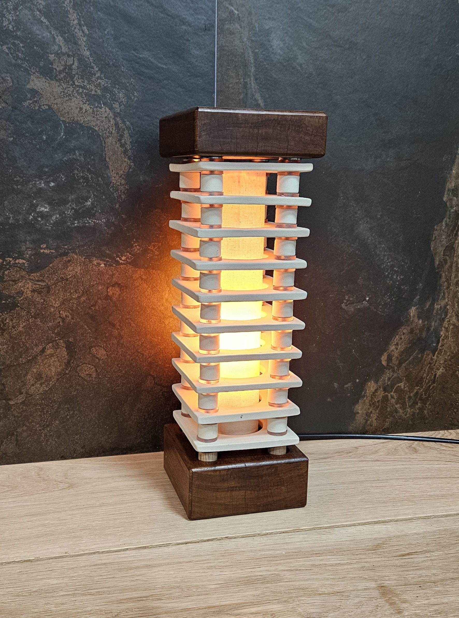 Handmade stoneware ceramic and teak table lamp with handmade calico shade
