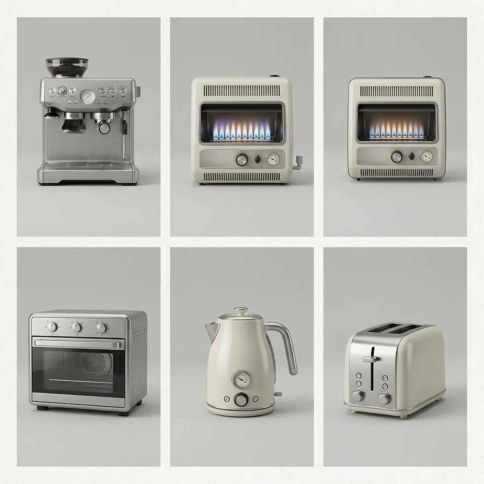 3D render of a collection of modern kitchen appliances. Each item is presented in isolation against a neutral background, highlighting its design.