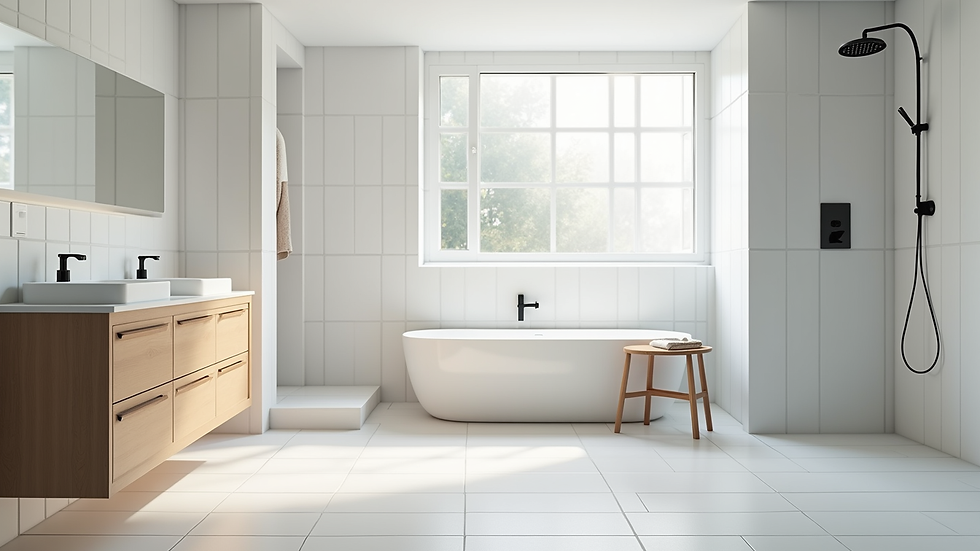 Eye-level view of modern bathroom with white tiles and wooden vanity