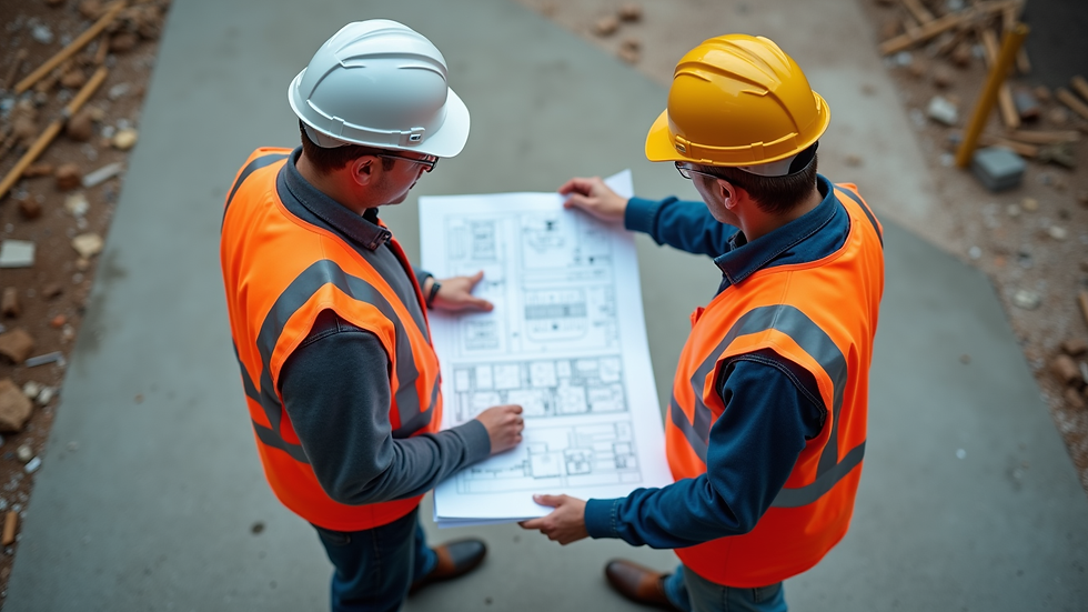 High angle view of a construction site with project managers reviewing blueprints