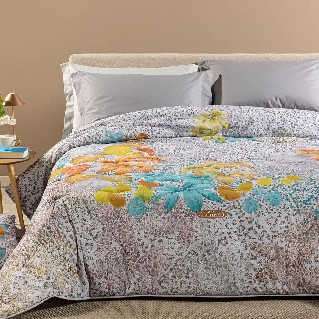 Trapunta Plaid Caleffi -Gran Scaldotto-Leopard Garden Grigio foglie