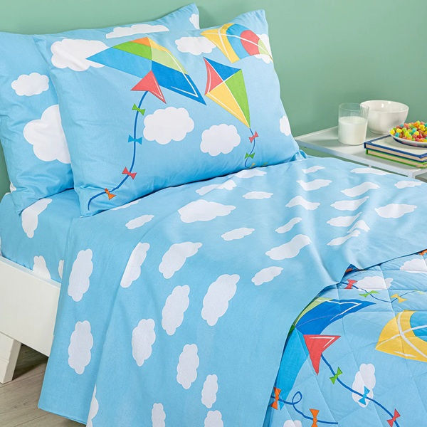 Completo Lenzuola In Cotone Aquiloni Singolo Azzurro Caleffi Kids