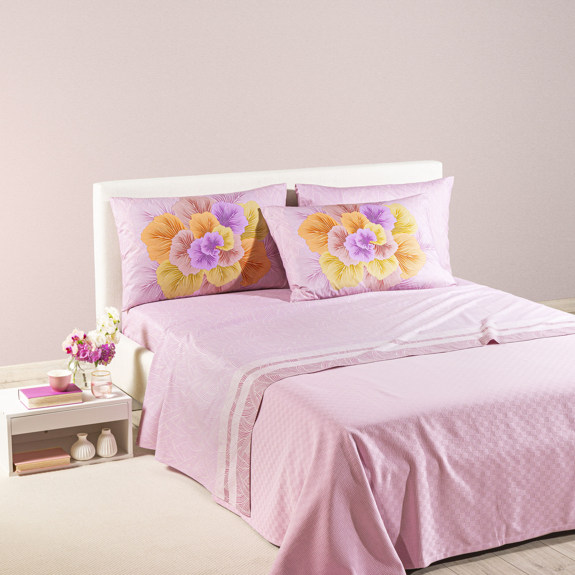 Completo Lenzuola In Cotone Madreperla Matrimoniale Rosa Caleffi