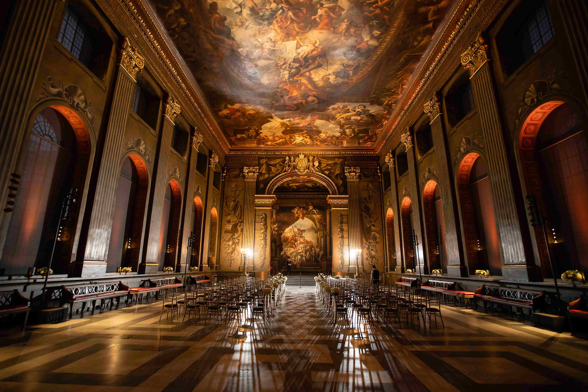 Wedding reception in The Painted Hall in Greenwich, a luxury London wedding venue 