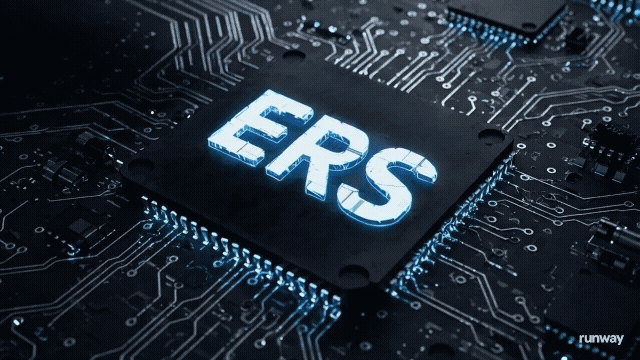 The 'ERS' logo in the center gradually lights up with a bright blue glow. Electric sparks 