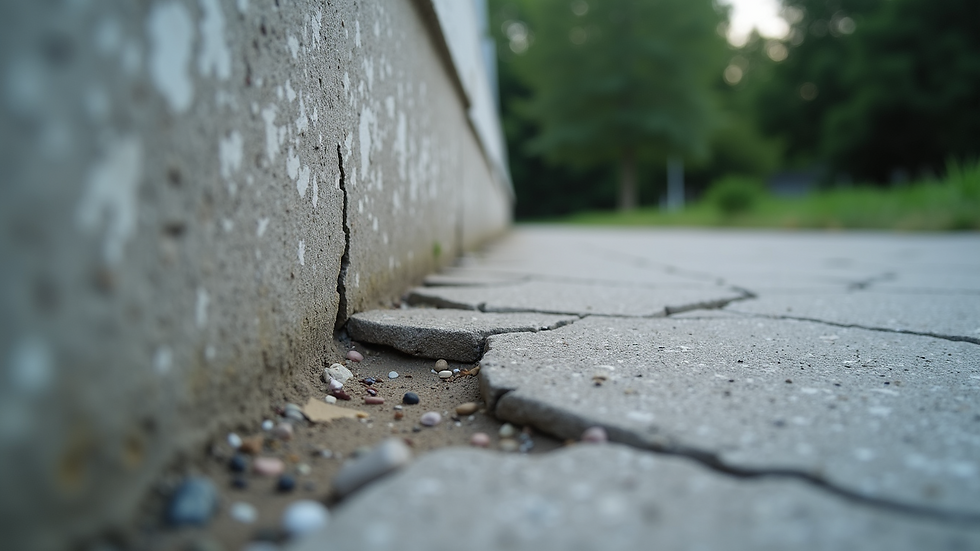 Close-up view of cracked concrete foundation with visible damage