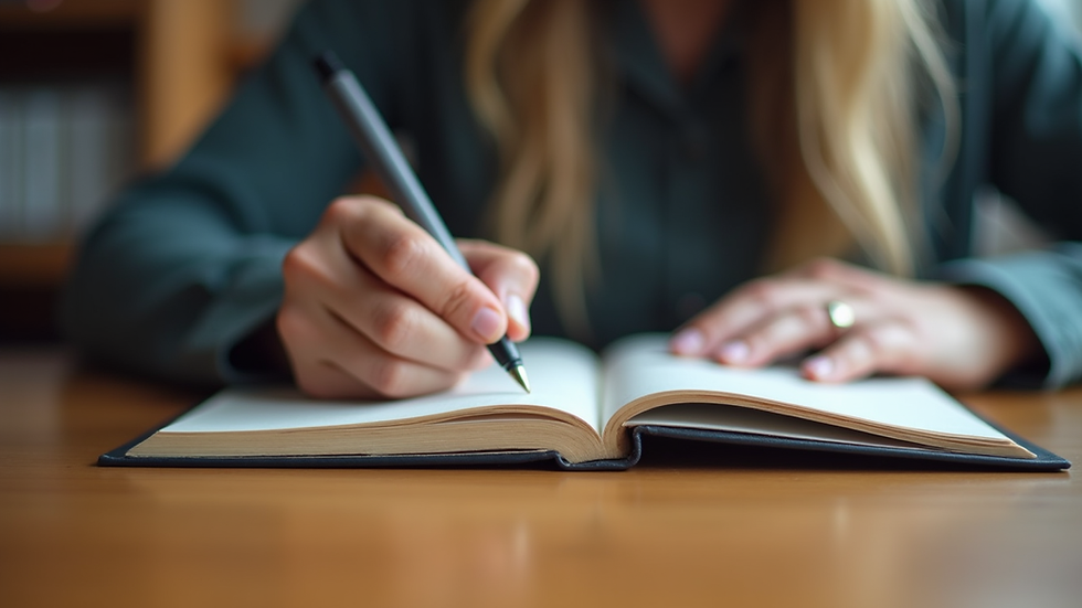 Eye-level view of a person writing in a journal on a wooden desk