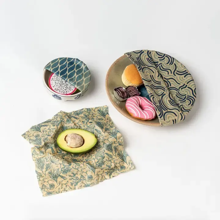 Reusable Beeswax Food Wraps Beeginner Set, 3 assorted sizes, eco-friendly plastic-free alternative to cling wrap.