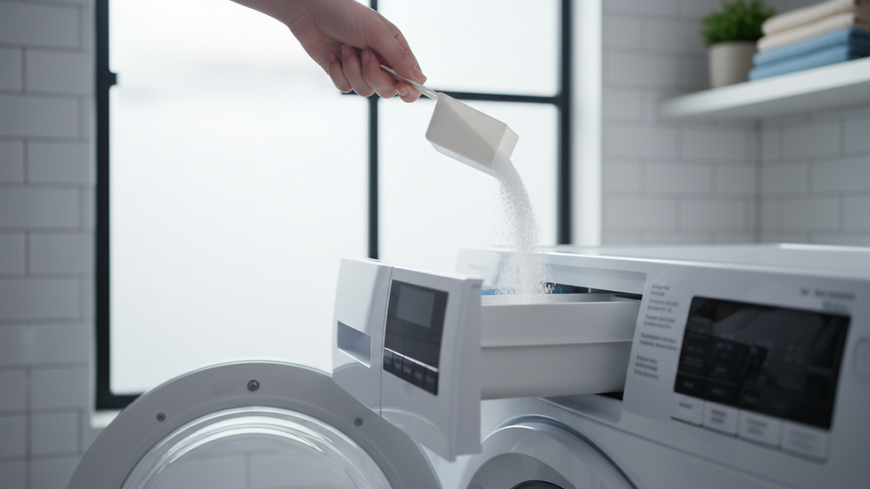 Eye-level view of laundry powder being poured into a washing machine drawer