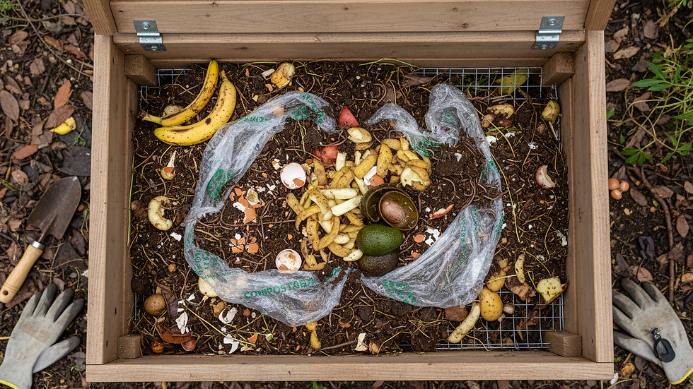 High angle view of compost bin with food scraps and compostable wrap