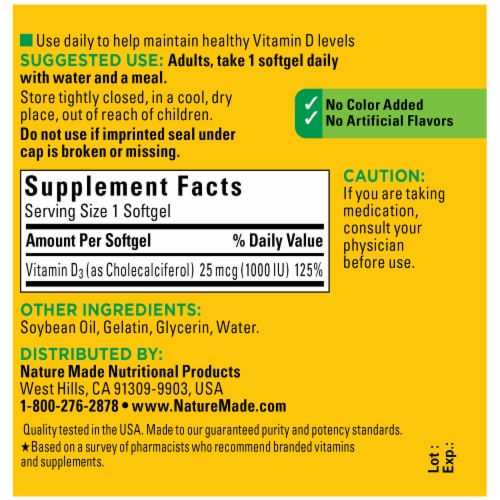 Nature Made Vitamin D3 1000 IU (25 mcg) Softgels - 100 Count - product image 2
