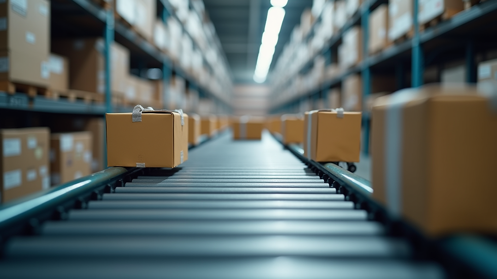 Close-up view of automated warehouse conveyor system handling packaged goods
