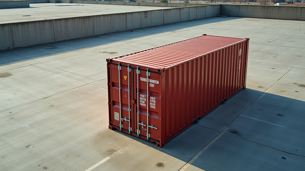 High angle view of a secured shipping container on a concrete pad