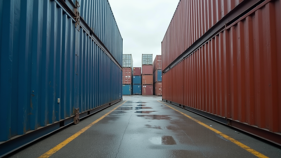 Eye-level view of a large steel shipping container in an industrial yard