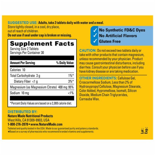 Nature Made Magnesium Citrate 400 mg Tablets - 60 Count - back packaging view