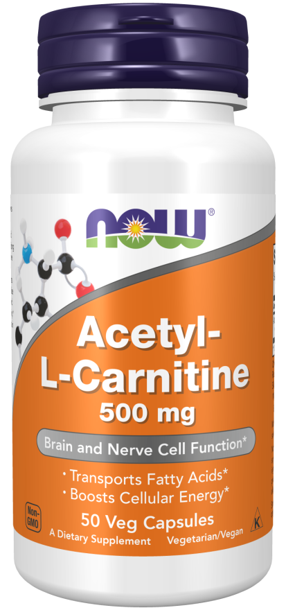 NOW Foods Acetyl-L-Carnitine 500 mg - 50 Veg Capsules - front