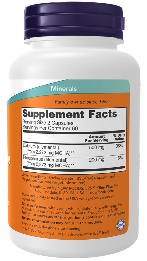 NOW Foods Calcium Hydroxyapatite - 120 Capsules - right / supplement facts