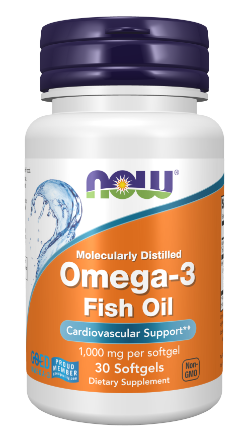 NOW Foods Omega-3 Fish Oil Molecularly Distilled Softgels - 30 Softgels - front official NOW Foods product view