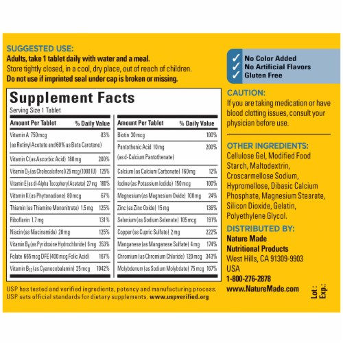 Nature Made Men's Multivitamin 50+ Tablets - 90 Count - back packaging view