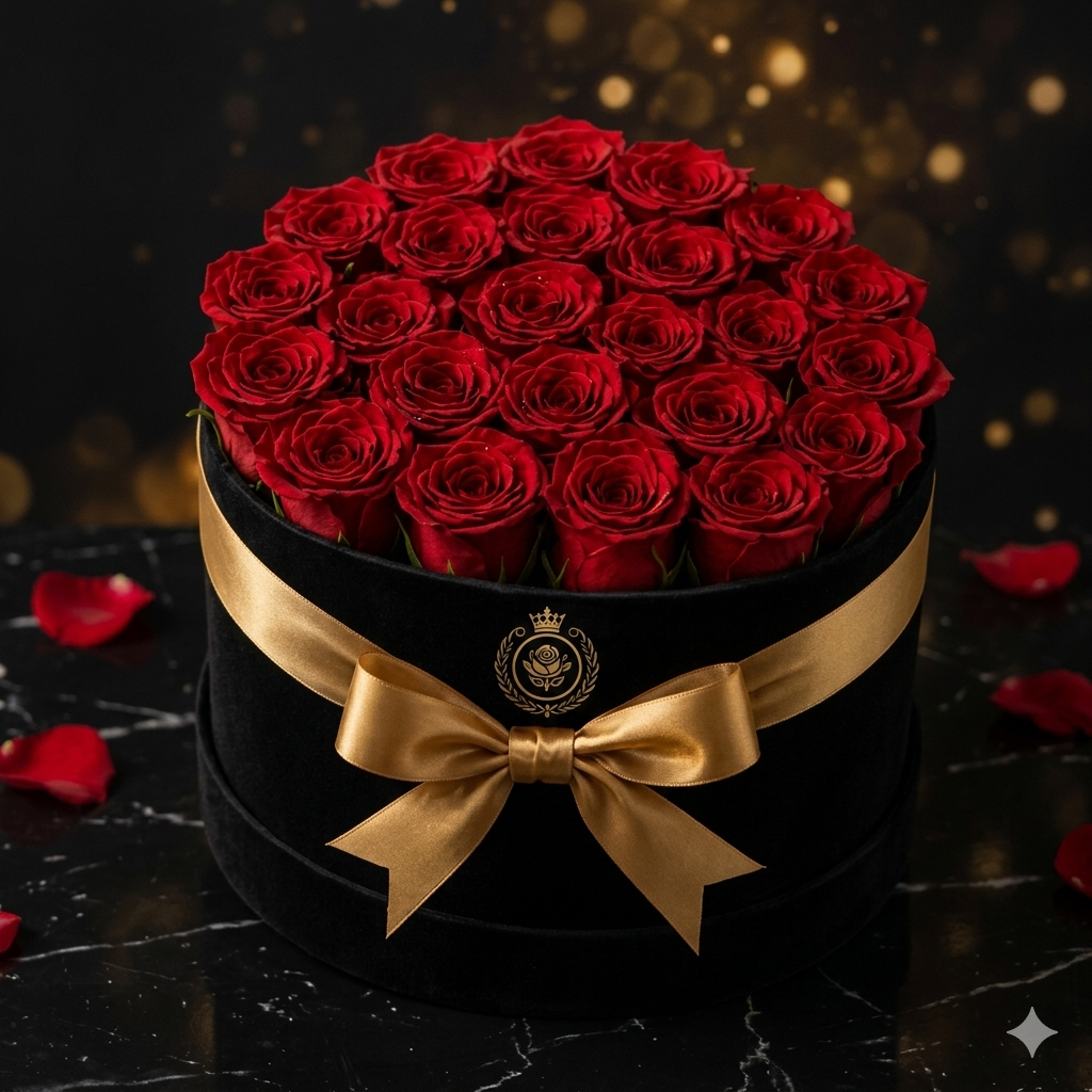 Caja de rosas con lazo dorado