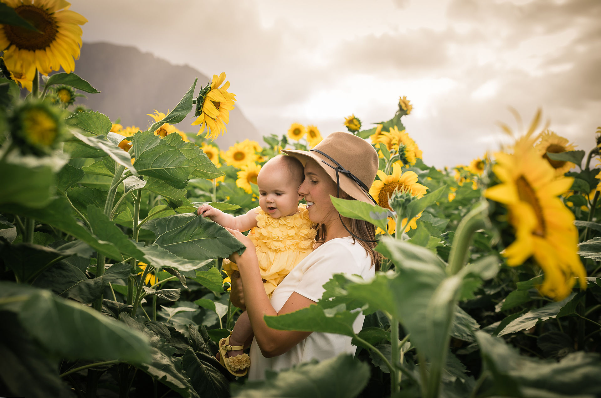 Mom and daughter exploring the sunflower field