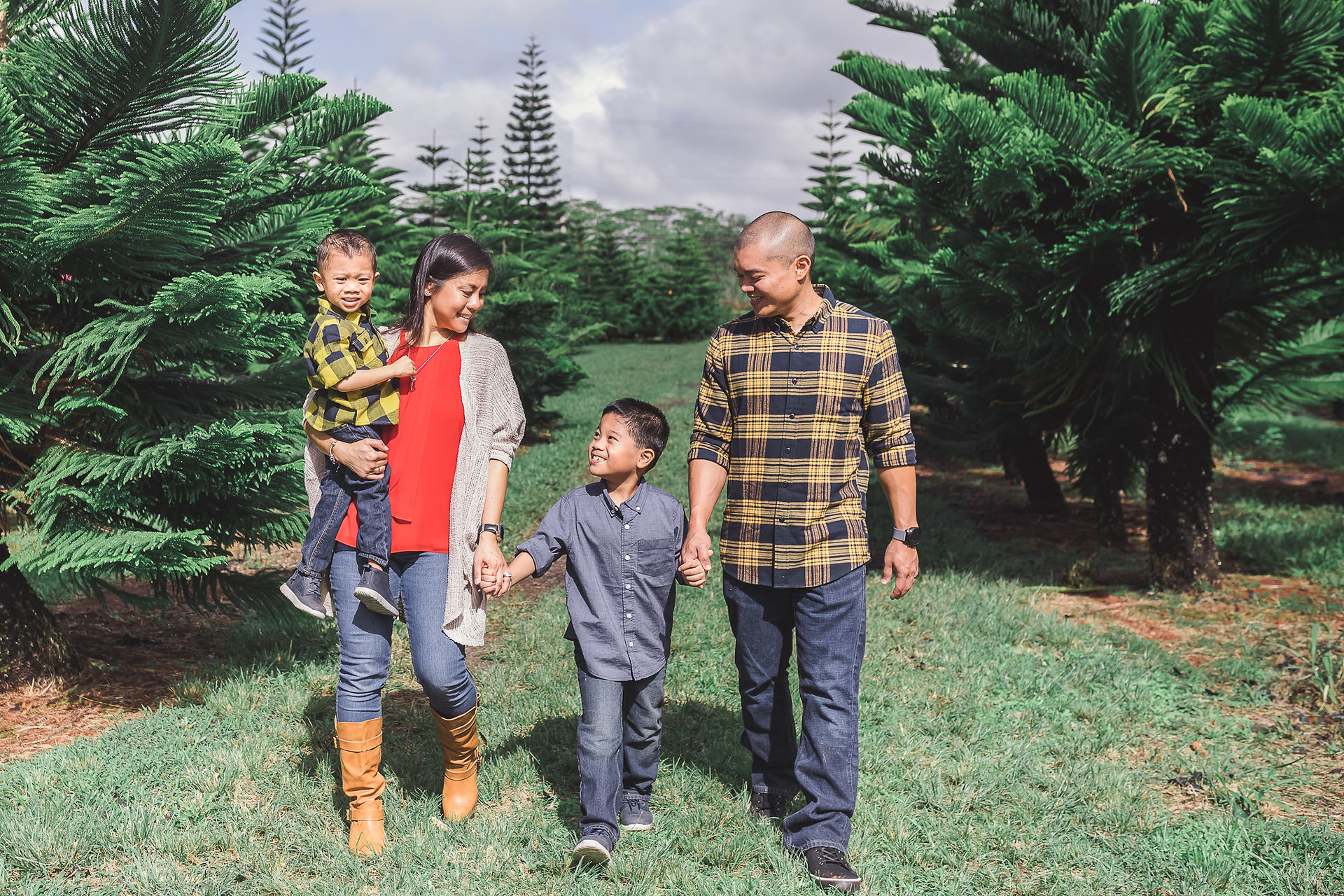 Family hold hands and walking in the Christmas Tree farm
