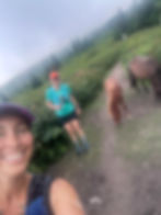 Two smiling women in caps hiking on a foggy trail with ponies. Lush green scenery and mountains in the background convey a serene mood.