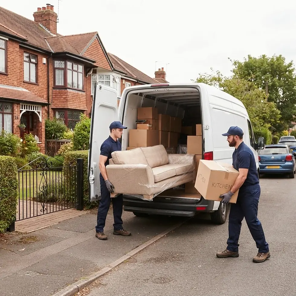 Street photography of movers loading a sofa and boxes into a white van on a suburban street. The scene captures a professional house move.