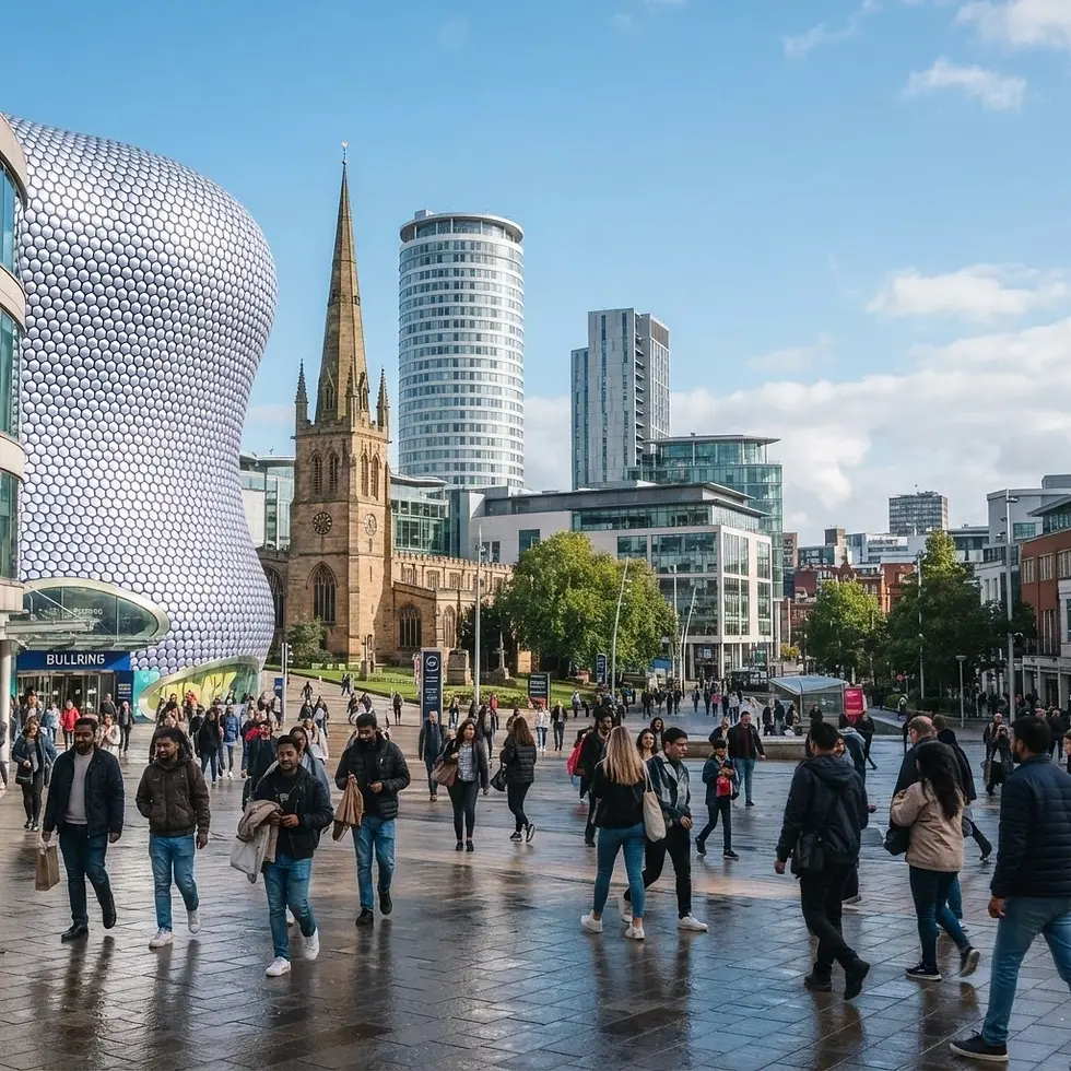 Urban photography of a vibrant city square. Pedestrians are walking between contemporary buildings and a historic church spire on a bright day.
