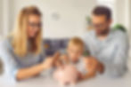 A family puts money in a piggy bank.