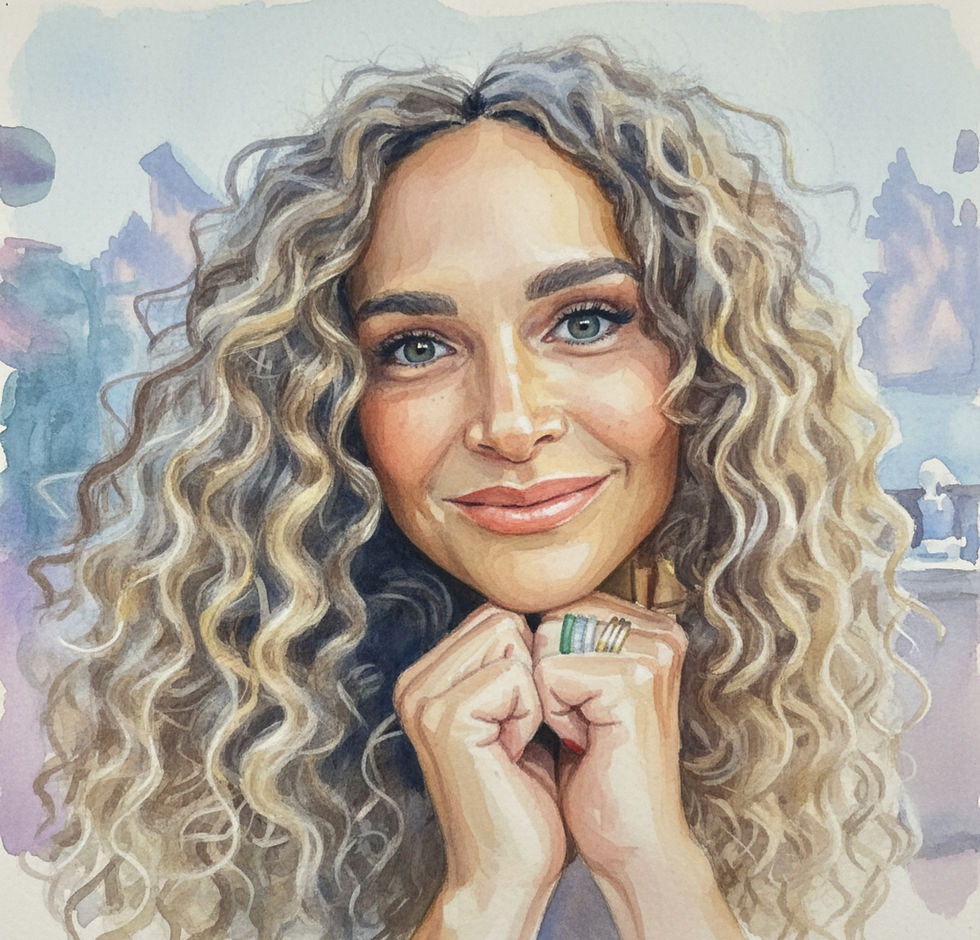 Watercolor beauty portrait of Best Ager Model Kerstin Larisch with curly blonde hair.
