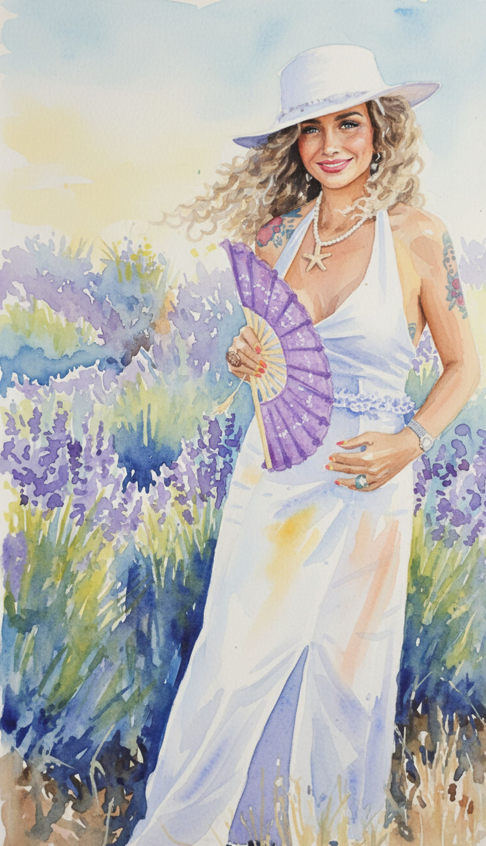 Watercolor artwork of Best Ager Model Kerstin Larisch wearing a white dress and sun hat in the lavender fields of Brihuega, Spain.