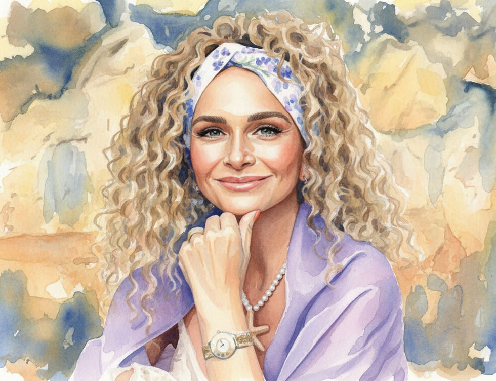 Watercolor portrait of Best Ager Model Kerstin Larisch sitting.