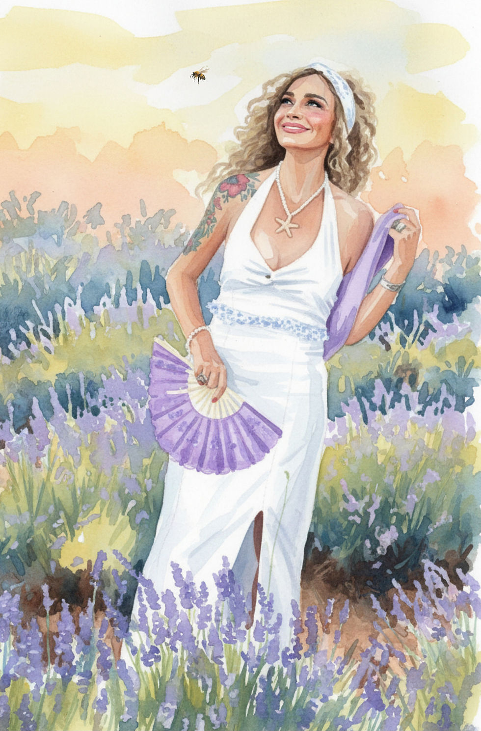 Watercolor portrait of Best Ager Model Kerstin Larisch smiling at a bee in a blooming garden.
