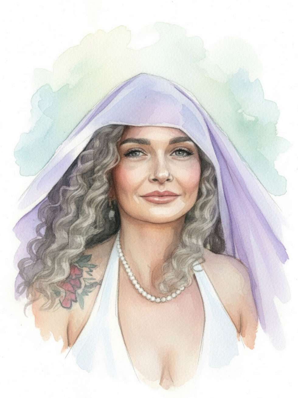 Watercolor portrait of Best Ager Model Kerstin Larisch wearing a lilac shawl.