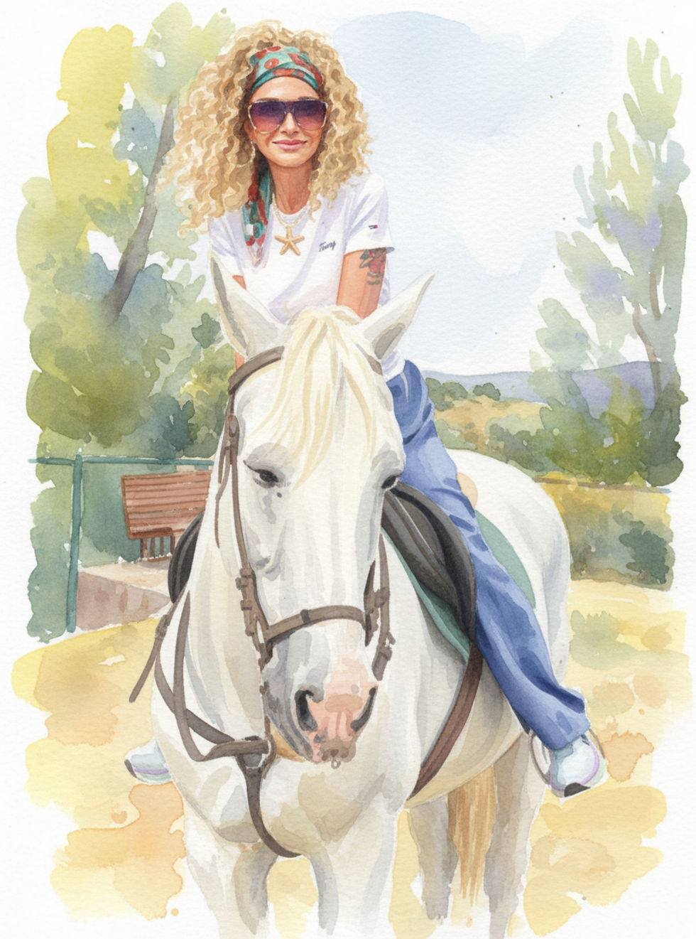 Watercolor artwork of Best Ager Model Kerstin Larisch riding a white horse in Brihuega, Spain.