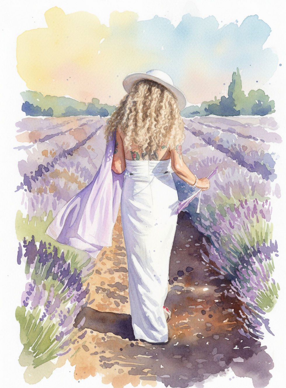 Watercolor artwork of Best Ager Model Kerstin Larisch walking through the lavender fields of Brihuega, Spain.