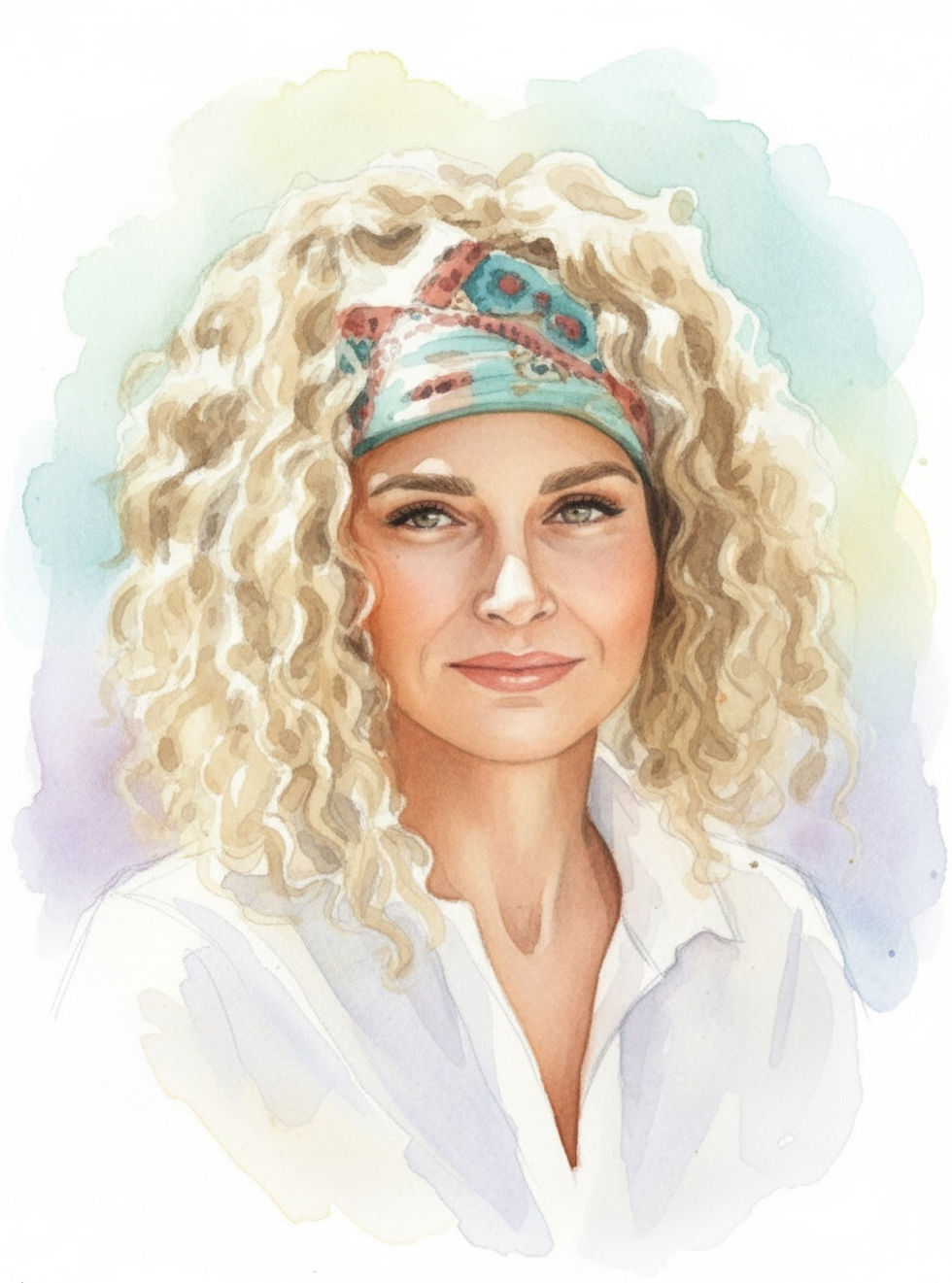 Watercolor portrait of Best Ager Model Kerstin Larisch wearing a colorful headband.