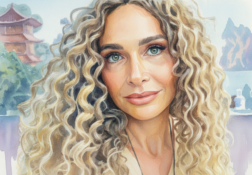 Watercolor close-up portrait of Best Ager Model Kerstin Larisch with green eyes and curly blonde hair.