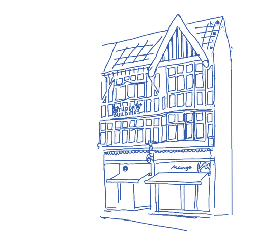 hand drawn doodle of mango thai tapas in a tudor building on above bar street in southampton