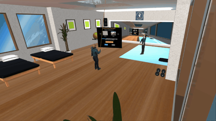 Virtual avatars see various worlds including space, a PT clinic, a beach, snow, underwater. 