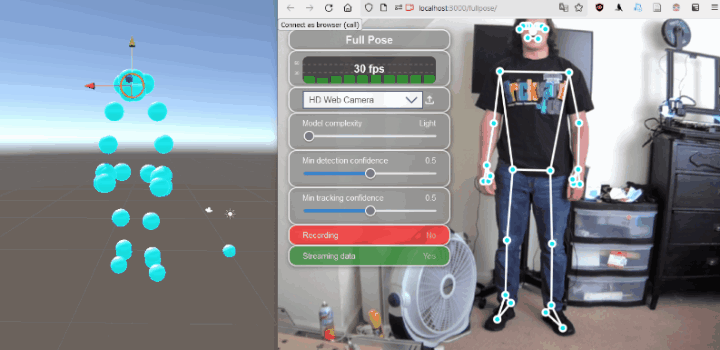 A webcam pointed at a moving user with each of their joints being marked as a dot and lines drawn between the joints on the right. On the left, we have each of the dots being translated into Immergo's platform to showcase the biomechanics capabilities.