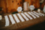 Placecards on a table printed with guests name and table number.