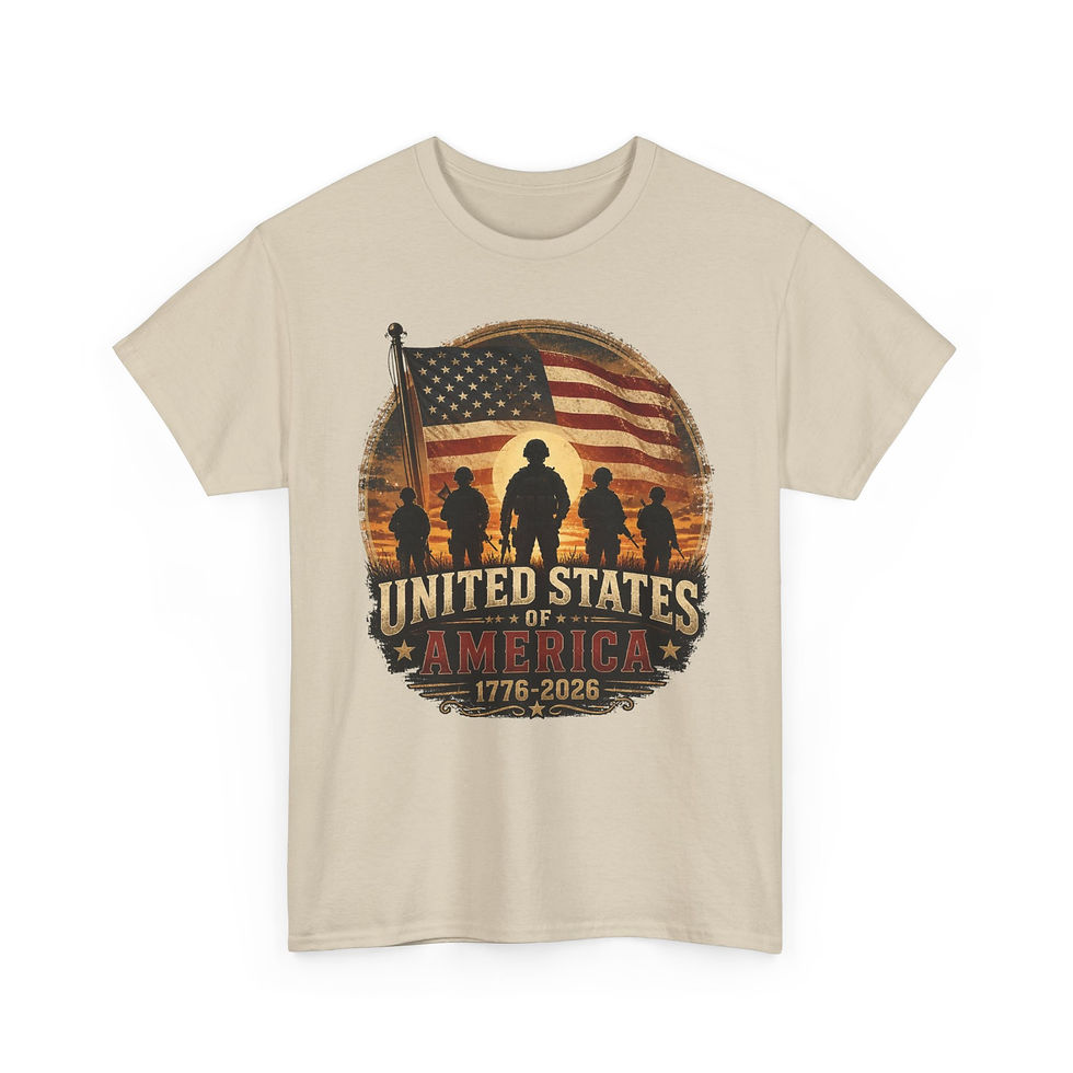 Thumbnail: T-Shirt — "United States of America 1776-2026" Patriotic Flag & Soldiers Tee