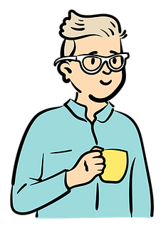 A bust of a person holding a cup of coffee
