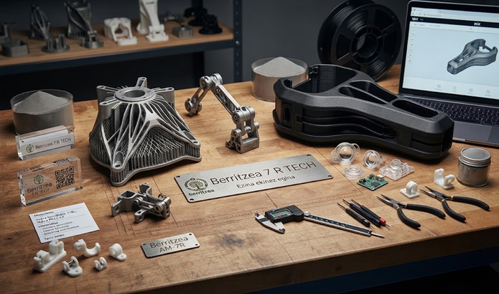 Piezas industriales metálicas y de polímero fabricadas por Berritzea 7 R Tech mediante impresión 3D avanzada, junto a herrami