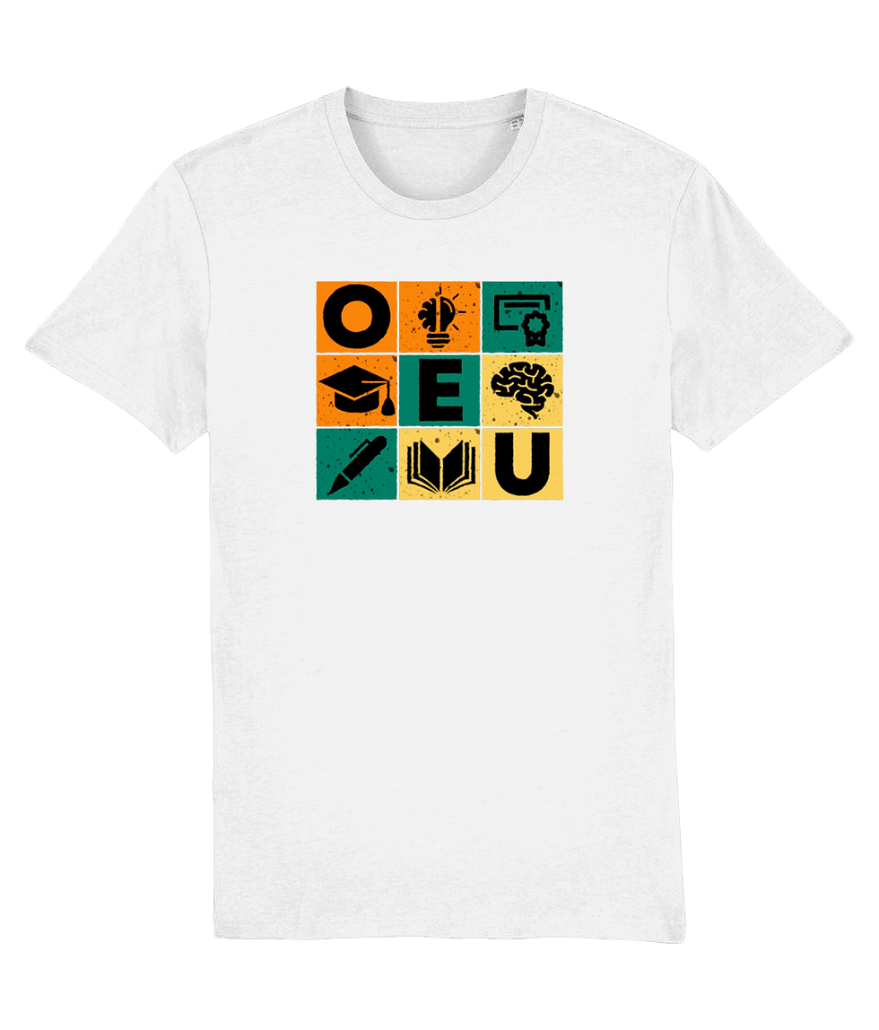 Tricou alb cu 9 chenare in care se afla diferite elemente educative si literele OEU pe diagonala